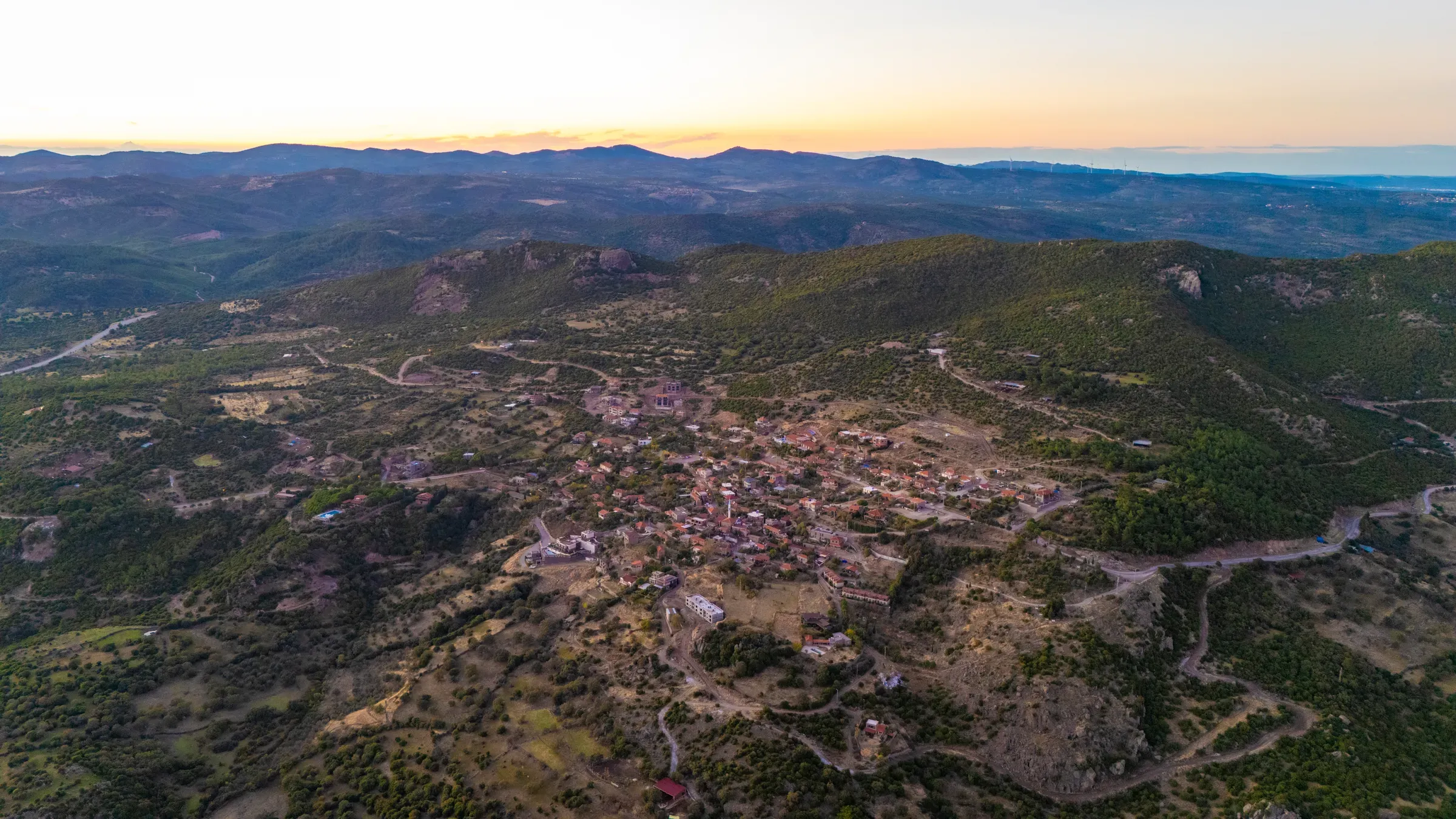 Aerial view of Büyükhusun village at sunset