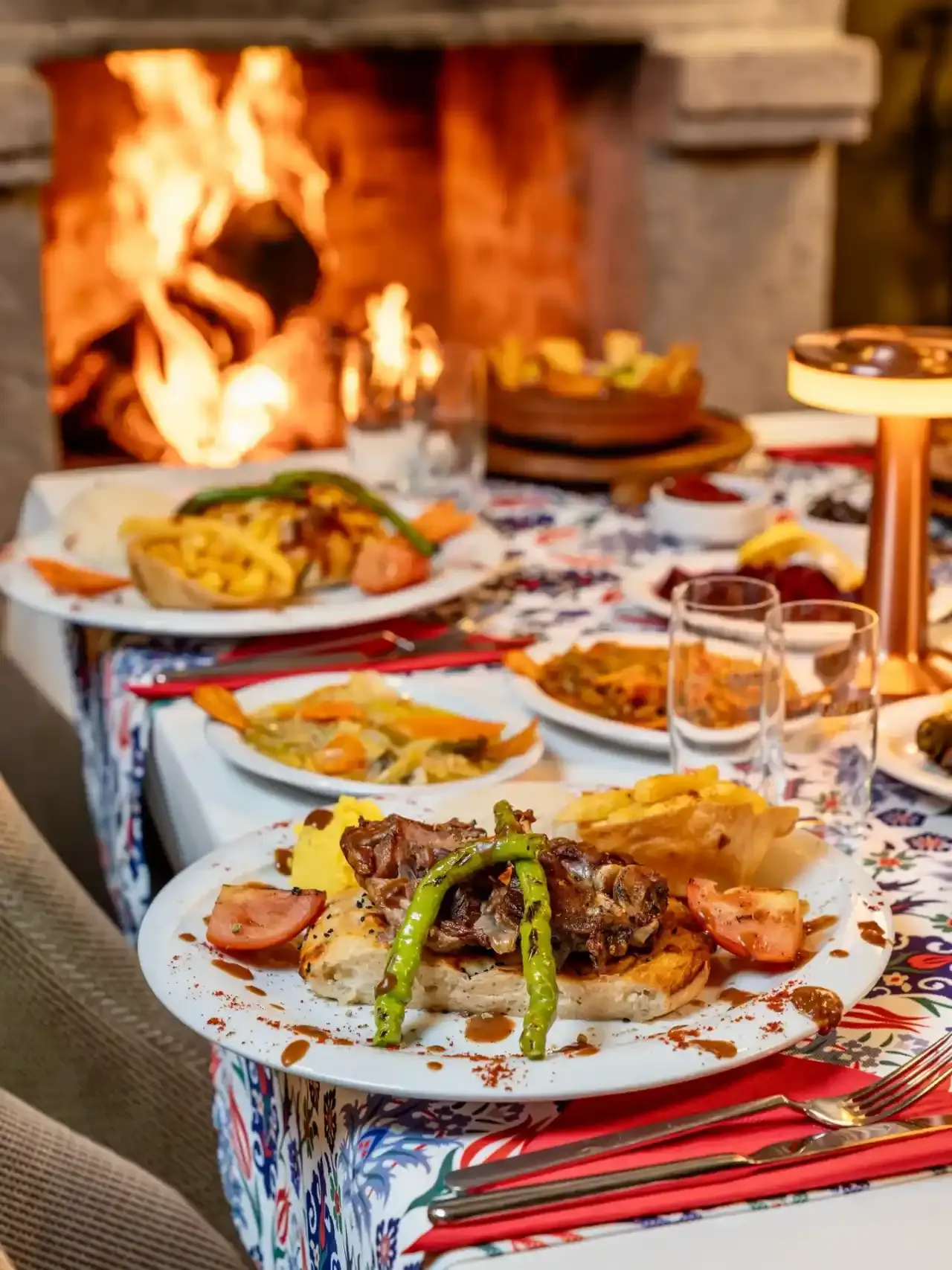 Dinner table by the fireplace